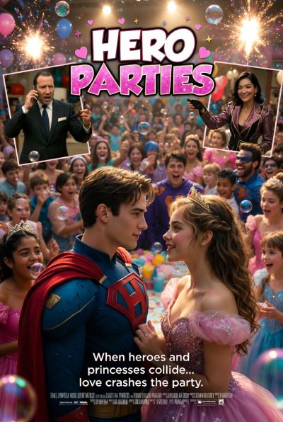 Superhero and princess love story at a party.