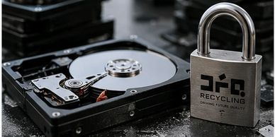A locked padlock beside an open hard drive symbolizing data security.