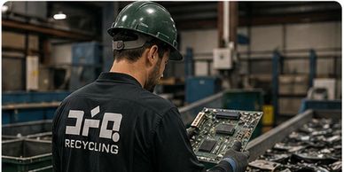 Worker inspecting an electronic circuit board in a recycling facility.