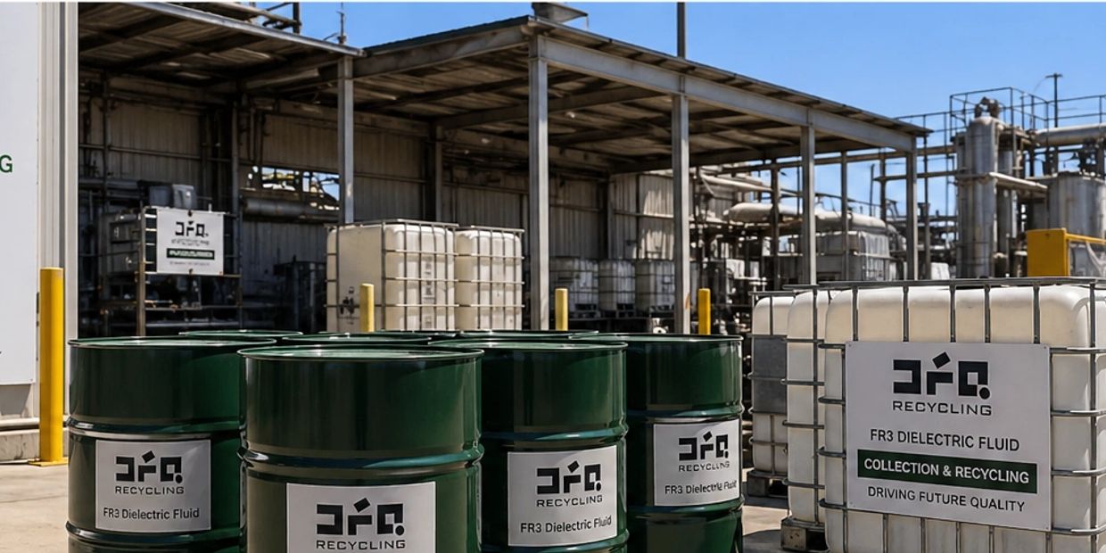 Industrial recycling site with drums and tanks labeled for dielectric fluid collection.