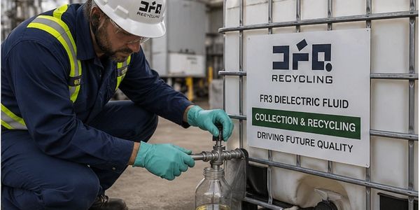 Worker collecting dielectric fluid for recycling at an industrial site.