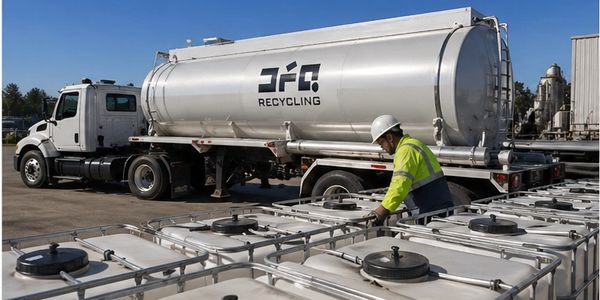 Worker managing containers near a recycling tanker truck outdoors.