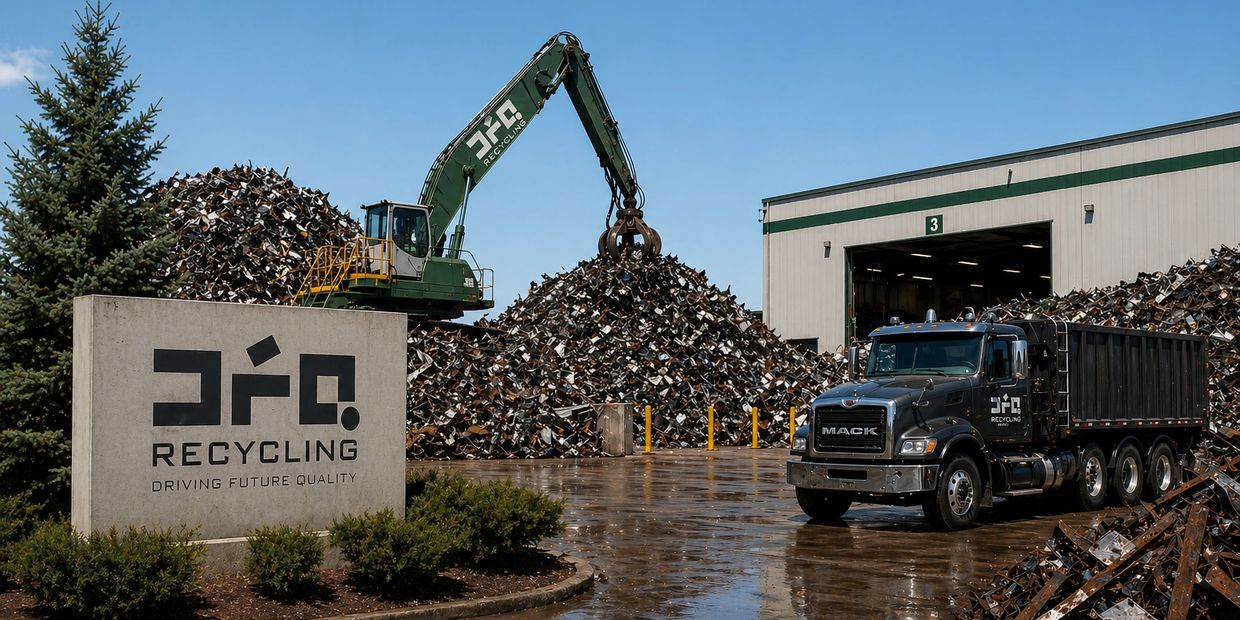 Recycling facility with heavy machinery and large scrap metal piles.
