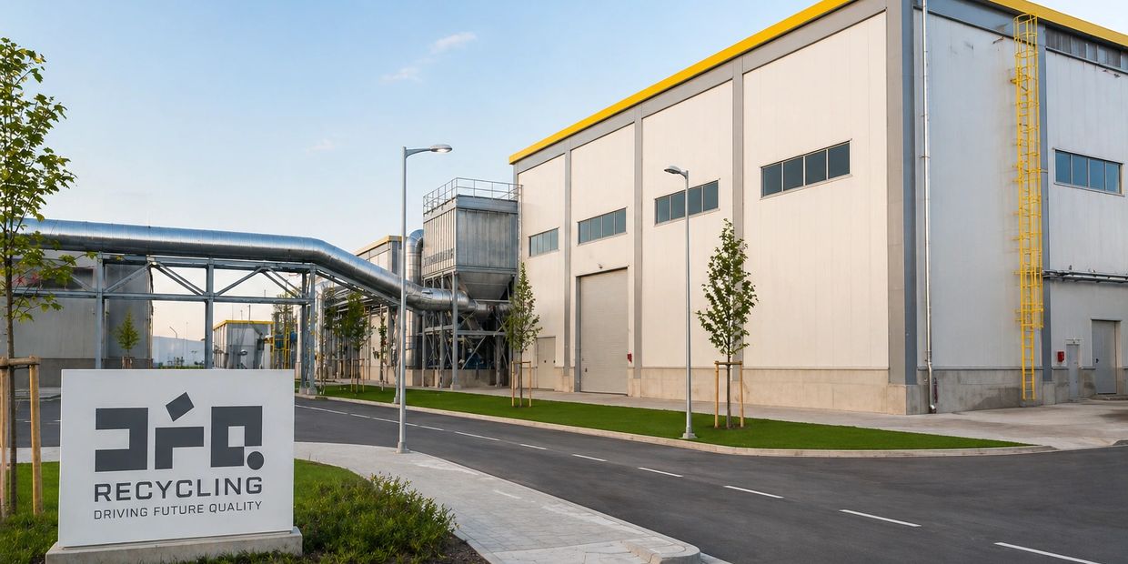 Modern recycling facility with clean buildings and infrastructure.