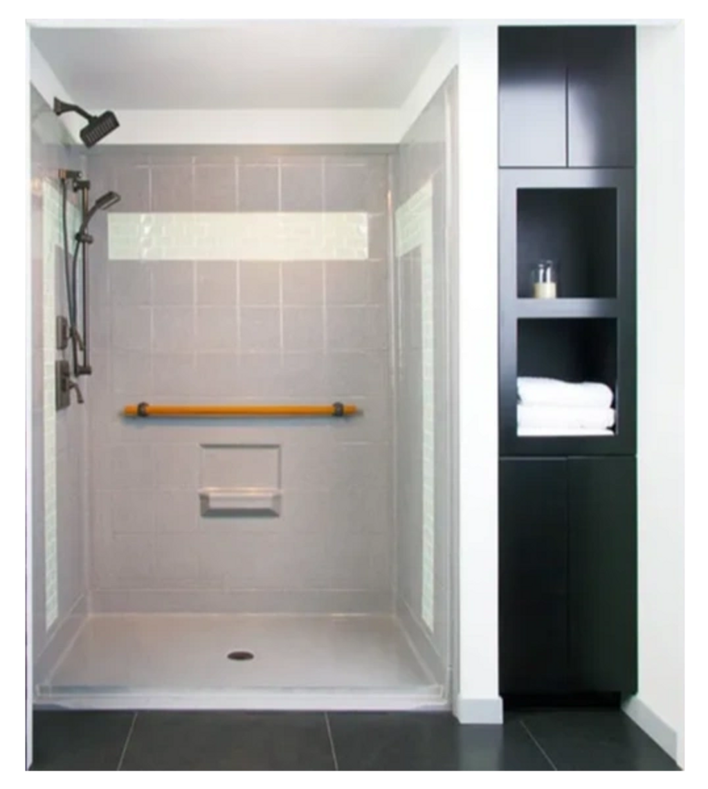 Roll-in-Shower, Tile Inlay, Safety with Style, Teak Grab bar, Barrier Free, Wheelchair accessible, 