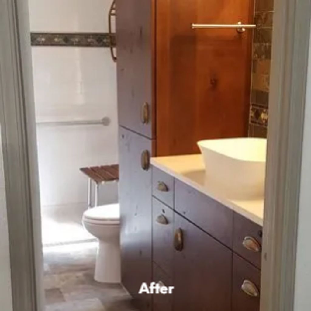Roll in Shower, Teak Seat, ADA Toilet, Accessible Bathing, Cabinets for Storage, Forever Home AFTER