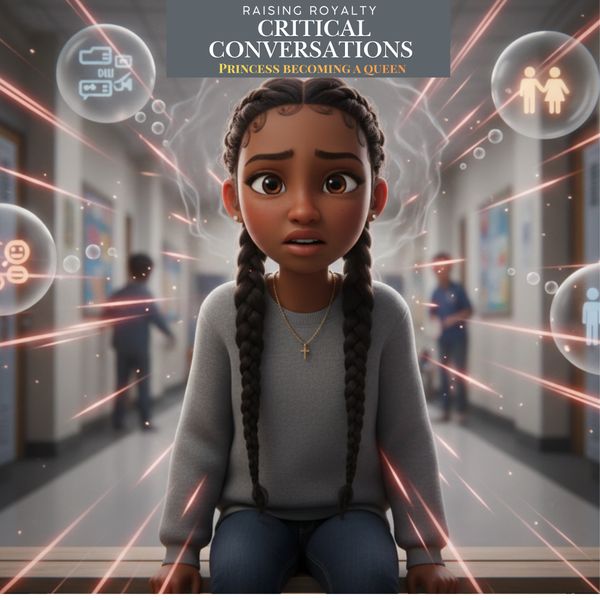 Anxious girl surrounded by social pressure icons in a school hallway.