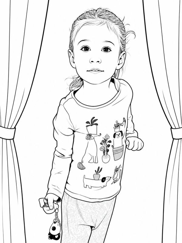 Black and white drawing of a girl holding a panda keychain.