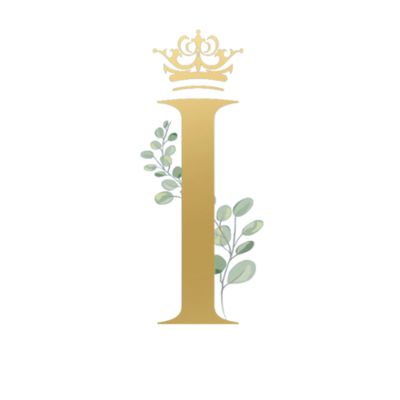 Elegant golden letter I with a crown and leafy accents on white background.