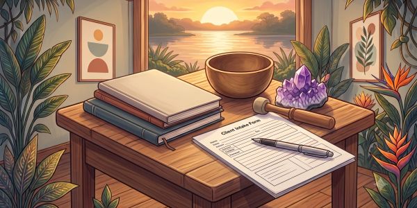 Mesa con libros y formulario al atardecer junto a plantas.