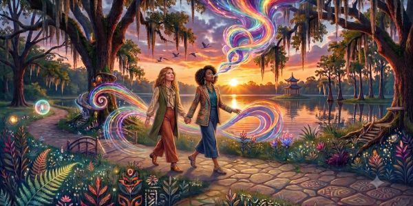 Dos mujeres caminan con energía mágica al atardecer en un camino junto al lago.