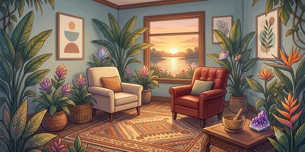 Sala acogedora con plantas y vista al atardecer.