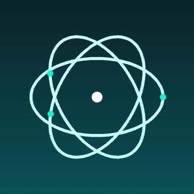 Stylized atom with orbiting electrons and nucleus.