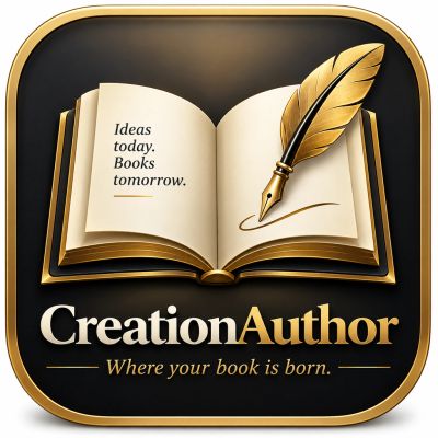 Logo for CreationAuthor with an open book and golden quill.