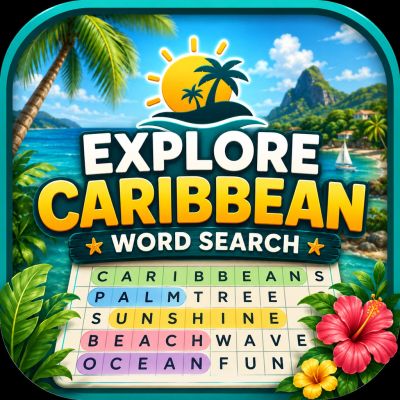 Explore Caribbean word search with tropical theme.
