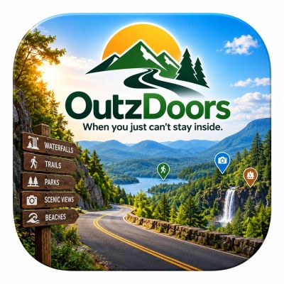 OutzDoors app logo with scenic nature background.