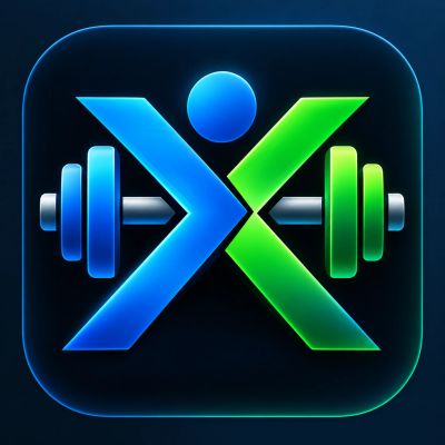 Fitness app logo with barbell and human figure in blue and green.