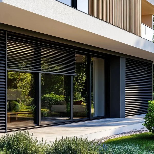 Modern house exterior with large glass windows and lush greenery.