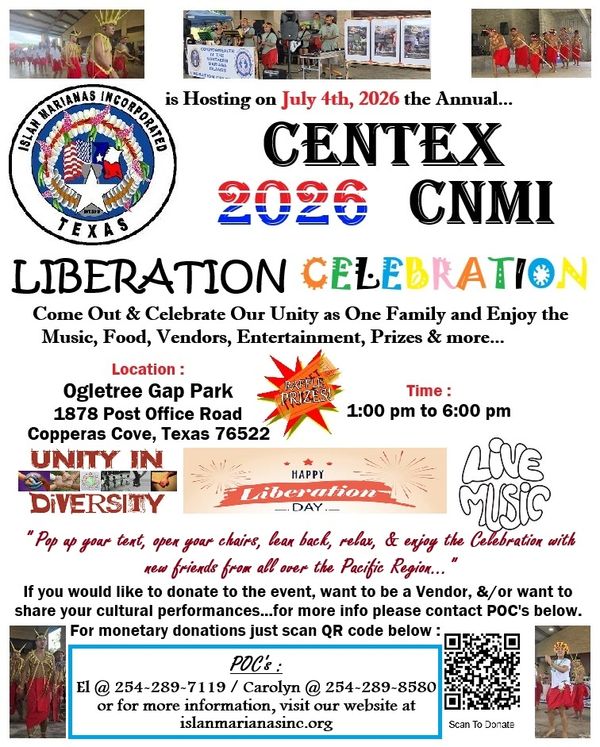 Centex CNMI Liberation Celebration on July 4th, 2026, at Ogletree Gap Park, Texas, with music, food, and cultural performances.