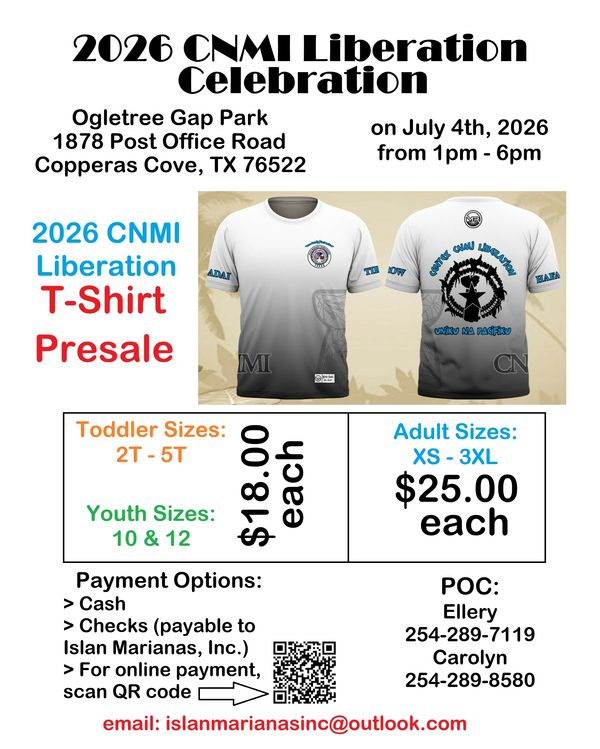 Flyer for 2026 CNMI Liberation Celebration T-shirt presale with event details and pricing.