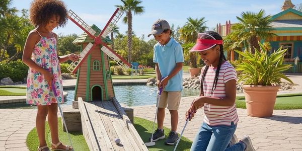 Three children playing mini-golf outdoors on a sunny day.