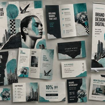 Modern teal and black brand design brochures and business cards.