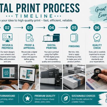Infographic detailing the digital print process from design to quality check.