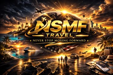 Dynamic travel-themed logo with iconic landmarks and vehicles glowing at sunset.