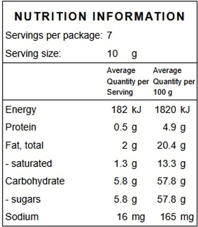 Nutrition facts for a product with 7 servings of 10g each, detailing energy, protein, fat, carbohydrate, sugars, and sodium.