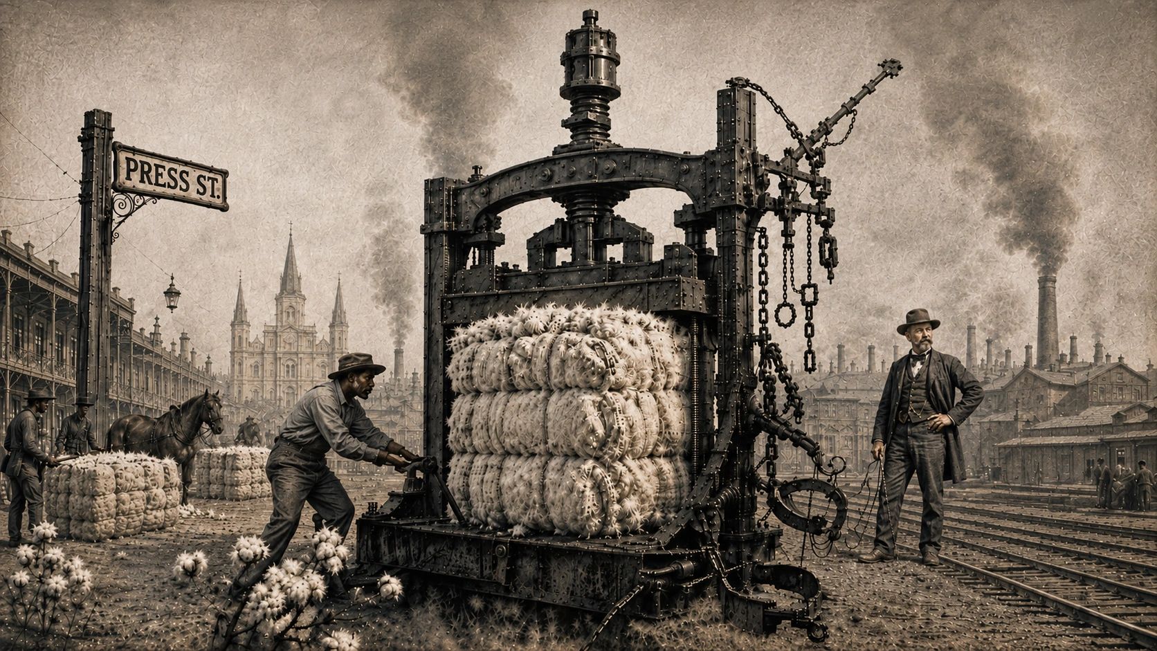 Industrial-era cotton press on Press Street with workers and a supervisor.