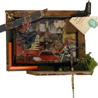 A mixed media art piece with vintage images and wooden frames.