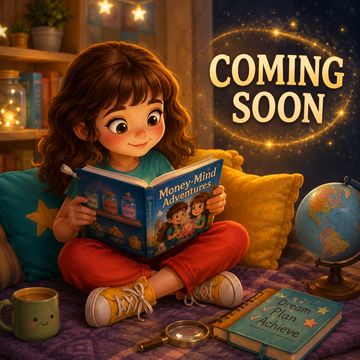 A young girl reads a book titled 'Money-Mind Adventures' with 'Coming Soon' text.