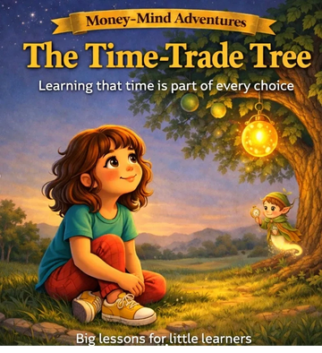 Illustrated cover of 'The Time-Trade Tree' teaching kids about time and choices.