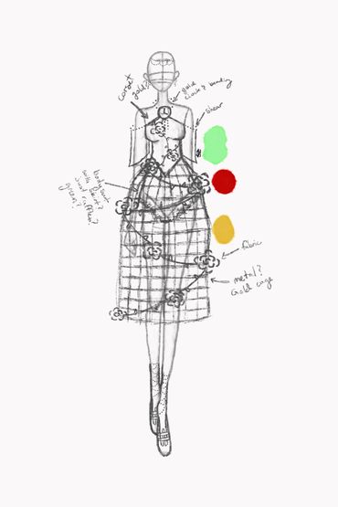 Fashion sketch of a dress with a gold cage and floral accents, featuring color swatches and design notes.