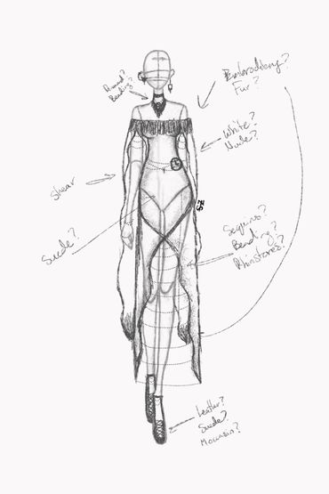 Fashion sketch with handwritten notes questioning materials and embellishments for a sheer, off-shoulder dress.