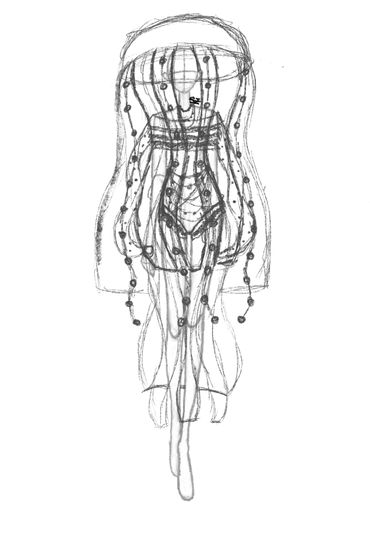 Sketch of a jellyfish-inspired fashion design with flowing tentacles and beads.