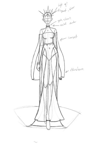 Fashion sketch of an elegant gown with metallic details and rhinestones.