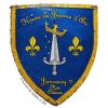 A blue medieval shield with a sword and two fleur-de-lis symbols.