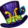 A colorful purple top hat with a green band and golden buckle.