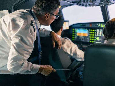 Pilot instructing co-pilots inside an airplane cockpit.