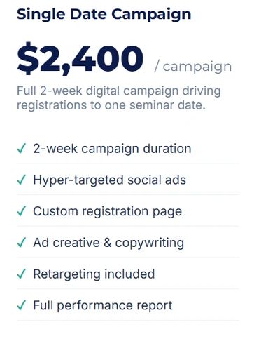 Single Date Campaign costs $2,400 with a 2-week digital marketing plan.