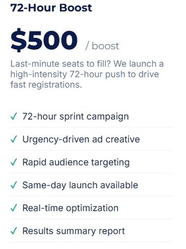 Advertising service offering a $500 72-hour boost campaign.