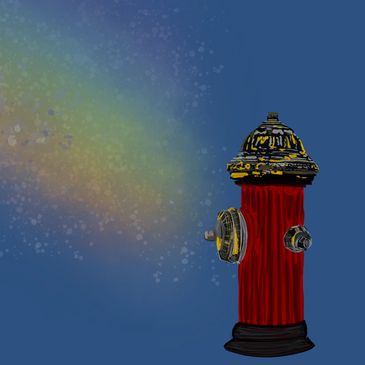 Illustrated fire hydrant with blue background, and water/rainbow spritzing out of it.