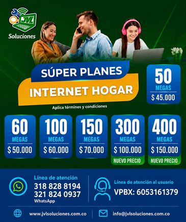 Planes de internet hogar con diferentes velocidades y precios.