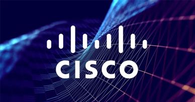 Cisco logo over a dynamic blue and purple digital wave background.