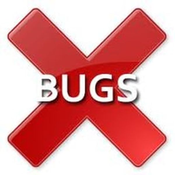 Red X with the word BUGS in white.
