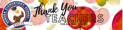 Thank you message to teachers with school logo and apples.