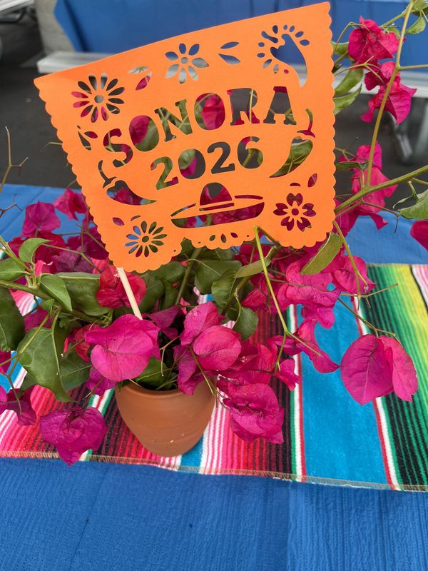 Orange paper cutout saying 'Sonora 2026' in a pot with pink flowers.