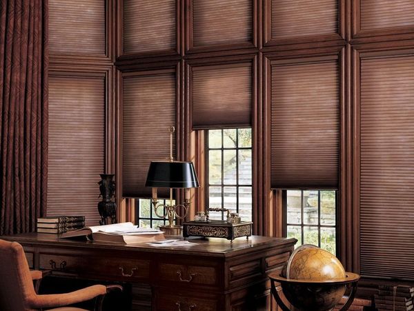 Honeycomb blinds also known as cellular shades for home office. Great for energy efficiency in home.