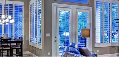 Shutters for windows & doors. Living room & dining area shutters. Omaha, Lincoln & surrounding area